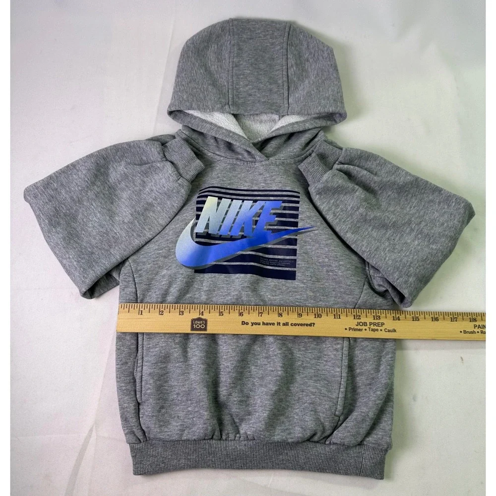 NIKE Pullover Hoodie Boys Grey Heather Blue Striped Swoosh Logo Fleece Size 7 LG